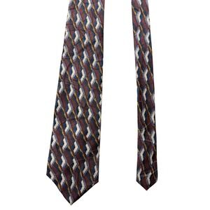 Milano Uomo Mens Silk Tie‎ Geometric Diamond Burgundy Blue Gold Made in USA